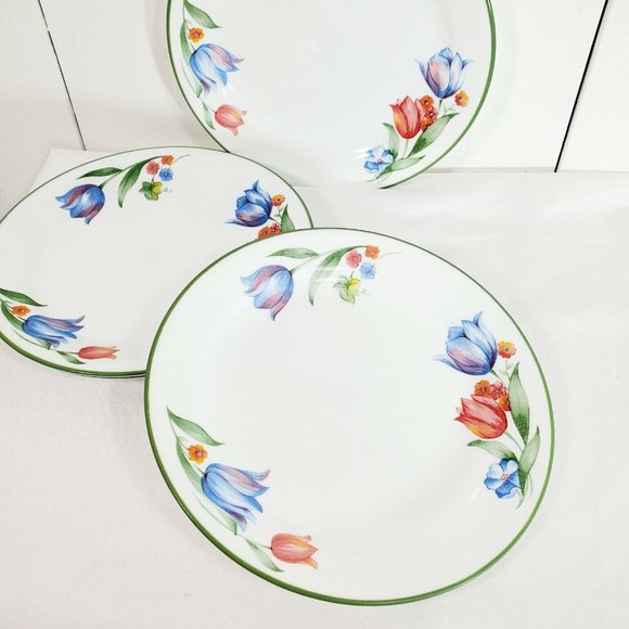 4 Corelle Fresh Cut 7.25" Bread Salad Dessert Plates Tulips green edge trim - Picture 5 of 7